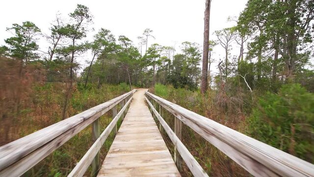 Pov point of view handheld walking in Western lake park boardwalk narrow bridge at Gulf of Mexico Seaside, Florida beach resort city in winter