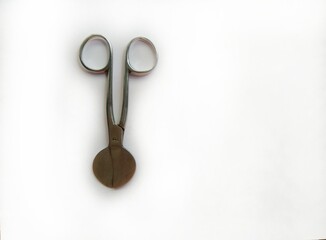 Surgical instrument on white background. Umbilical cord cutting scissor. 
