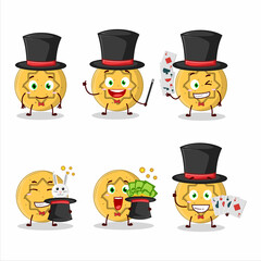 A dalgona candy flower Magician cartoon character perform on a stage