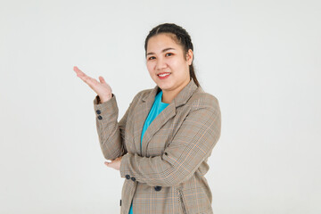 Lively Asian woman confidently pointing fingers to mark exactly correct direction and remarkable...