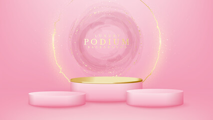 Realistic pink podium with watercolor style background and glitter golden elements.