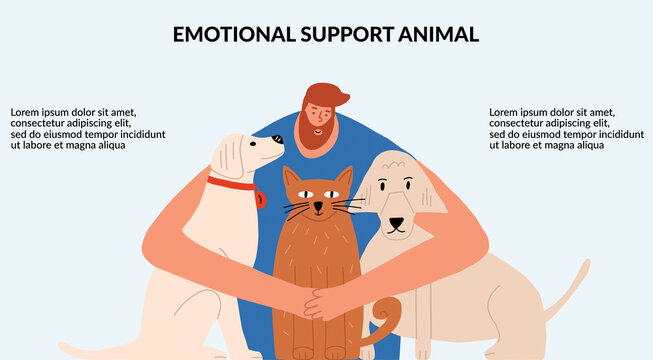 The concept of emotional support by animals. The man hugs the animals. Positive Mental Therapy. Template, banner. Vector illustration - Powered by Adobe
