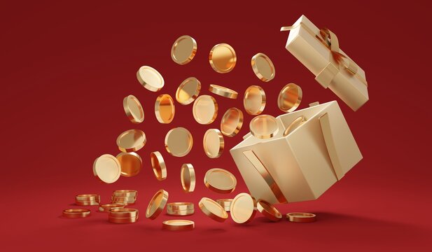 3D Rendering of red gift box with gold ribbon bow open with coins explode out on red background. 3D render illustration.
