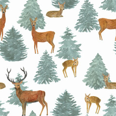 Watercolor painting seamless pattern with deer family on winter fir tree forest