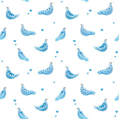 Pattern with watercolor pigeons and hearts. Illustration drawing in folklore style.