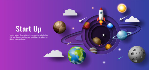A rocket travelling through the planets, start up concept, design banner template, paper illustration, and 3d paper.