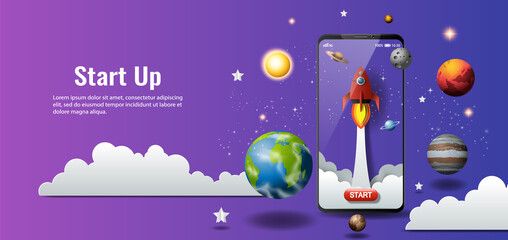 A red rocket launches from a smartphone in this concept for a new business start-up.