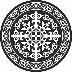 Vector monochrome round Kazakh national ornament. The classic pattern of the peoples of the Great Steppe. The decoration of the yurt of the Mongols, Kyrgyz, Kazakhs, Kalmyks, Buryats. Shanyrak
