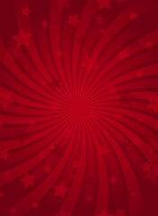 Sunlight spiral vertical background. Red color burst background with shining stars.