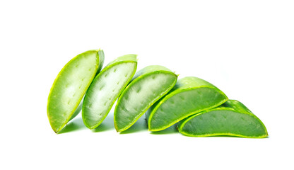 Fresh aloe leaves are sliced and arranged on a white background.closeup