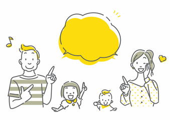 真ん中をみんなで指差す若いファミリーのシンプルでお洒落な線画イラスト