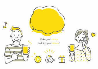 スマホ　笑顔　若者　シンプルでお洒落な線画イラスト