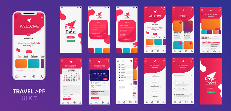Tour and Travel app ui kit vector for responsive mobile app or website with different layout including login, Sign Up, User profile, Transaction and Notification screens with dummy texts.