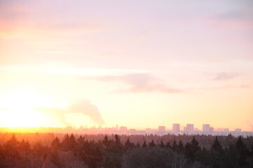 Fototapeta premium sky horizon sunrise sunset nuclear explosion ochre orange forest black horizon line industrial industrial city megapolis forest 