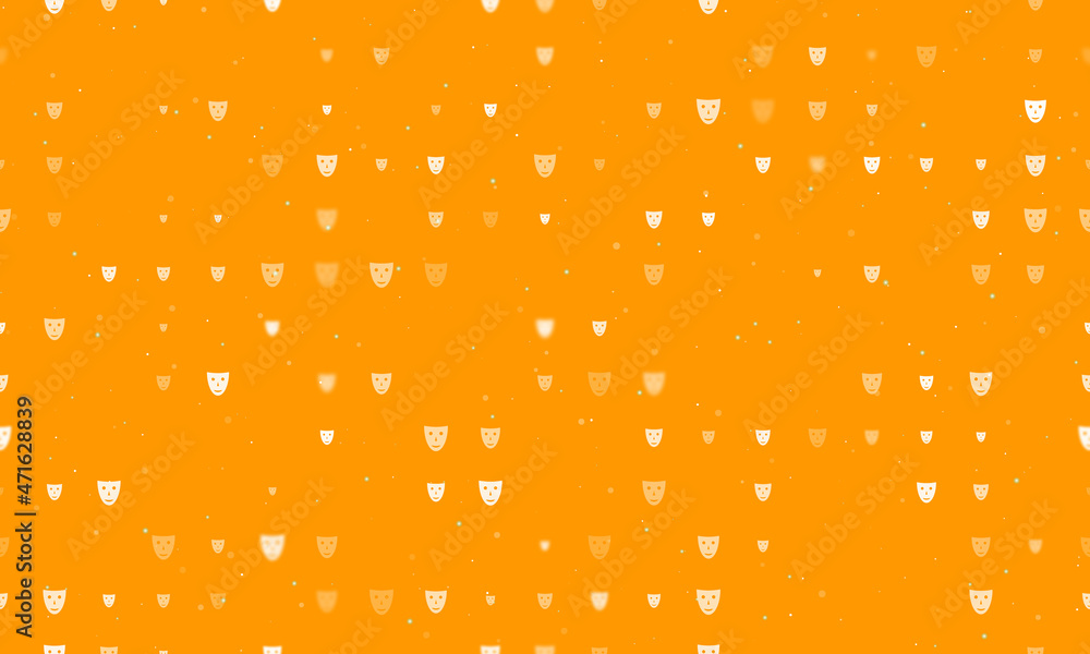 Poster seamless background pattern of evenly spaced white theatrical masks of different sizes and opacity. 