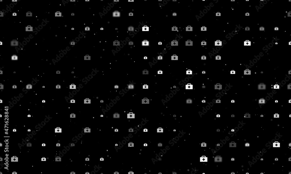 Poster seamless background pattern of evenly spaced white first aid symbols of different sizes and opacity.