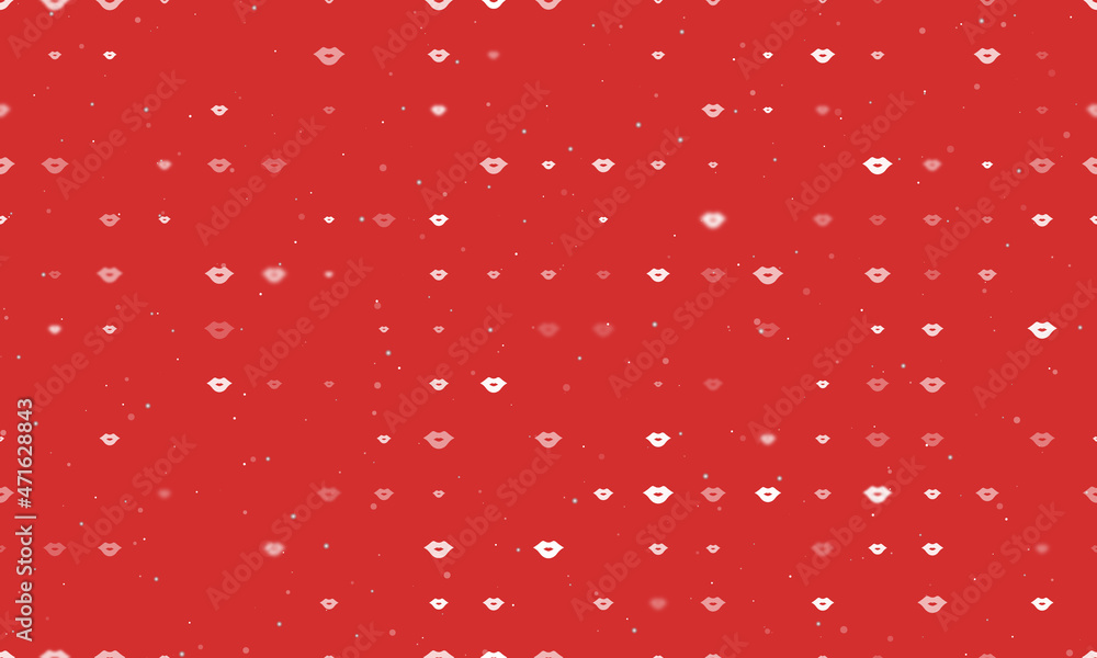 Poster Seamless background pattern of evenly spaced white lips symbols of different sizes and opacity. Vector illustration on red background with stars
