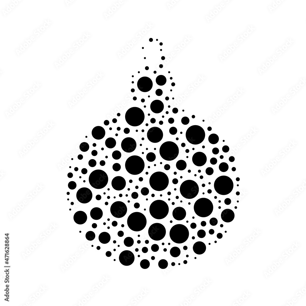 Poster A large Christmas tree toy in the center made in pointillism style. The center symbol is filled with black circles of various sizes. Vector illustration on white background