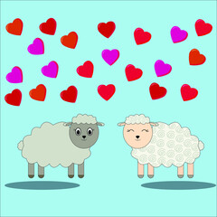 Cute loving sheeps look at each other hearts fly above them on blue   isolated background