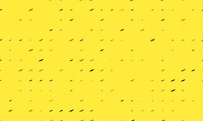 Seamless background pattern of evenly spaced black feather symbols of different sizes and opacity. Vector illustration on yellow background with stars