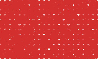 Seamless background pattern of evenly spaced white lips symbols of different sizes and opacity. Vector illustration on red background with stars