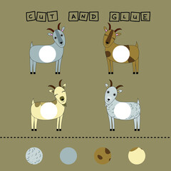 Developing an activity for children, the task is to cut and glue a piece on colorful cute goats. Logic game for children.