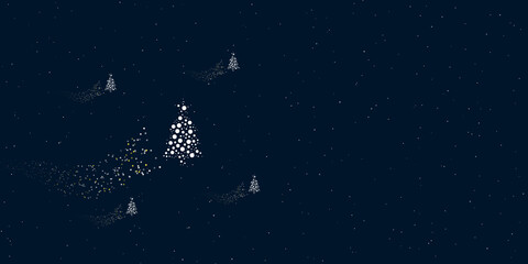 Fototapeta na wymiar A Christmas tree filled with dots flies through the stars leaving a trail behind. Four small symbols around. Empty space for text on the right. Vector illustration on dark blue background with stars