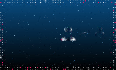 On the right is the social distance symbol filled with white dots. Abstract futuristic frame of dots and circles. Vector illustration on blue background with stars