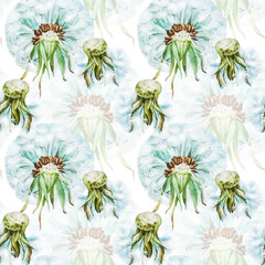A pattern of watercolor dandelion flowers on a white background