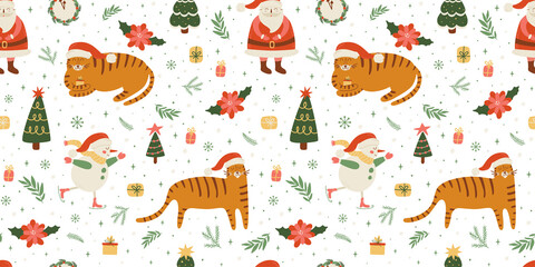 New year tiger 2022 pattern. Happy Chinese new year tiger seamless background with Santa, Christmas tree, clock. Cute Santa tiger in hat. Vector illustration. Merry Christmas wallpaper winter holiday.