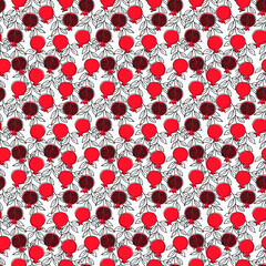 Seamless background. Drawn by hand. Depicted are grenades on branches. Can be used for fabric, wallpaper, background, wrapping paper.