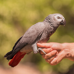 The grey parrot, Psittacus erithacus, Congo grey parrot, Congo African grey parrot on the mans hand
