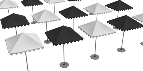Black and White Umbrella Parasol sun shade mockup isolated on white background, 3d render illustration. Step and Repeat