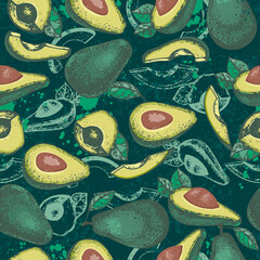 Vector seamless pattern with avocado slices and slices on an abstract background. Healthy vegetarian food. Tropical fresh fruits pattern. Floral exotic motives for the design of wallpaper, textiles.