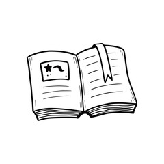 Hand drawn open book with bookmark. Doodle sketch style. Concept of reading, education, study. Isolated vector illustration.
