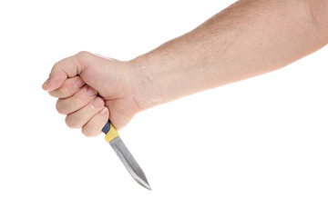 Hand holds a knife on a white background, a template for designers.