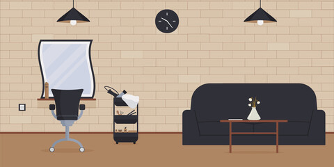 The interior of the beauty salon in the loft style.An empty, cozy barbershop with a brick wall, mirrors, trolleys with hair dryers, hair straighteners.Workplace of the hairdresser. Raster illustration