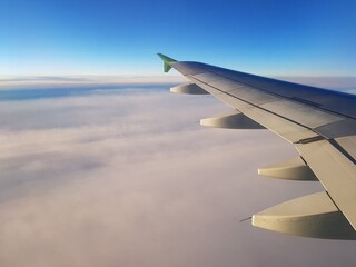 The plane flies in the blue sky