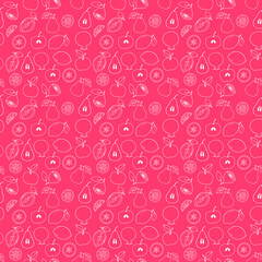 Seamless background. Drawn by hand. Depicted are apples, pears, lemons, whole and in section. Can be used for fabric, wallpaper, background, wrapping paper.