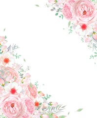 可憐なピンク系のバラの花とリーフのおしゃれフレームベクターイラスト素材


