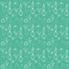 Seamless background. Drawn by hand. Shown are onions, carrots, radishes, eggplant, zucchini, tomato in whole and in section. Can be used for fabric, wallpaper, background, wrapping paper.