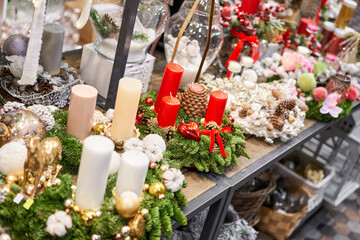 Market of decor . Lots of christmas decoration in store. Christmas shopping for new year tree.