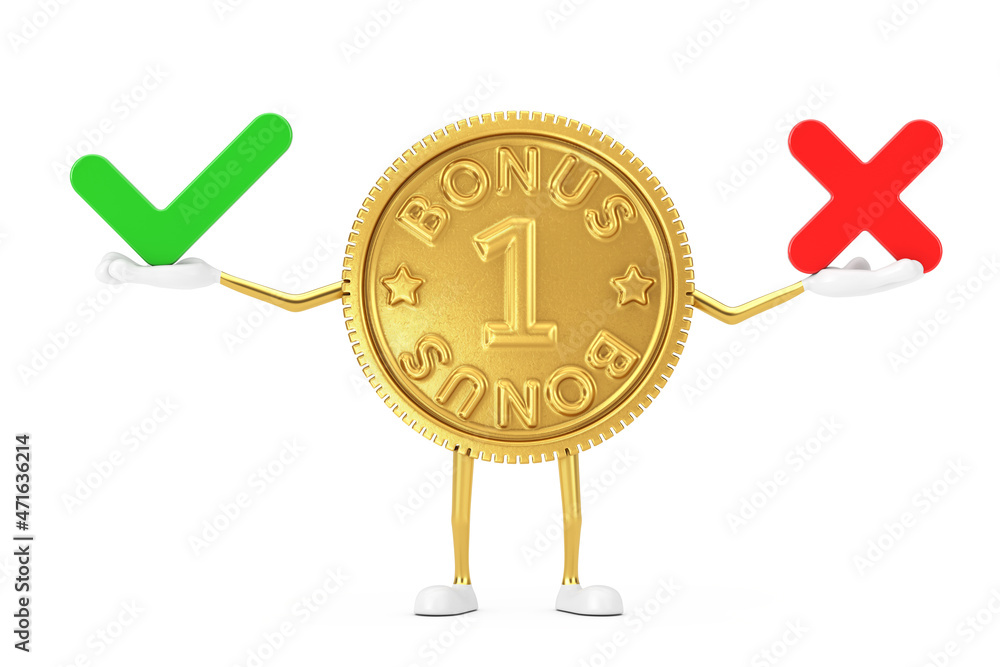Fototapete golden loyalty program bonus coin person character mascot with red cross and green check mark, confi