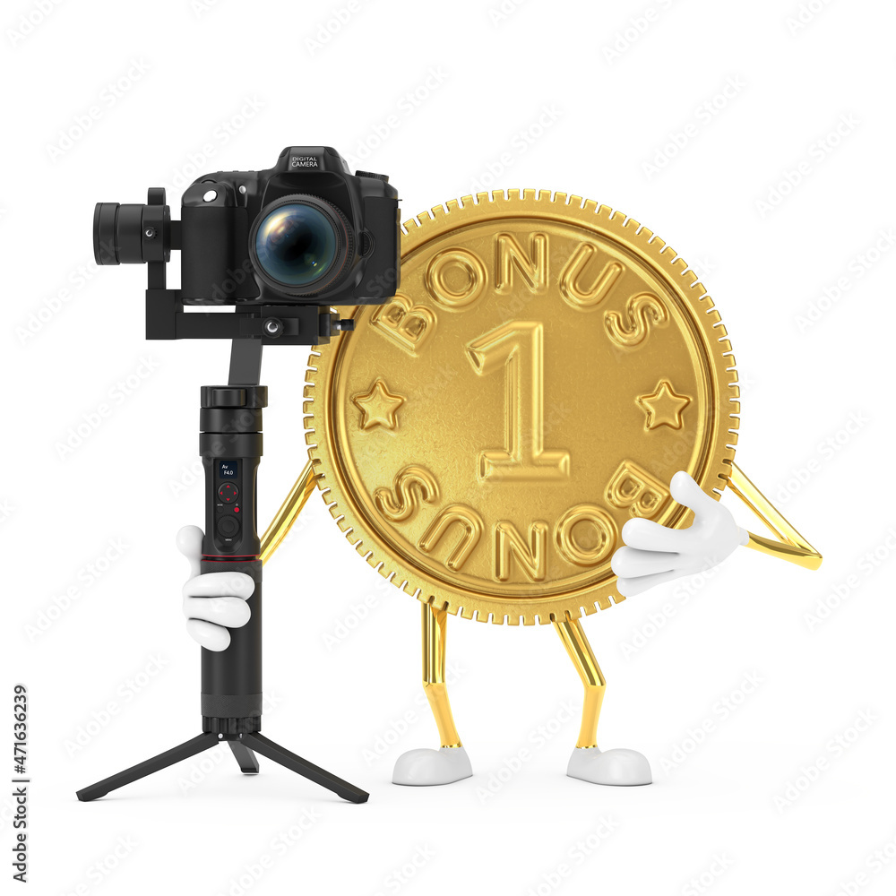 Aufkleber golden loyalty program bonus coin person character mascot with dslr or video camera gimbal stabiliza