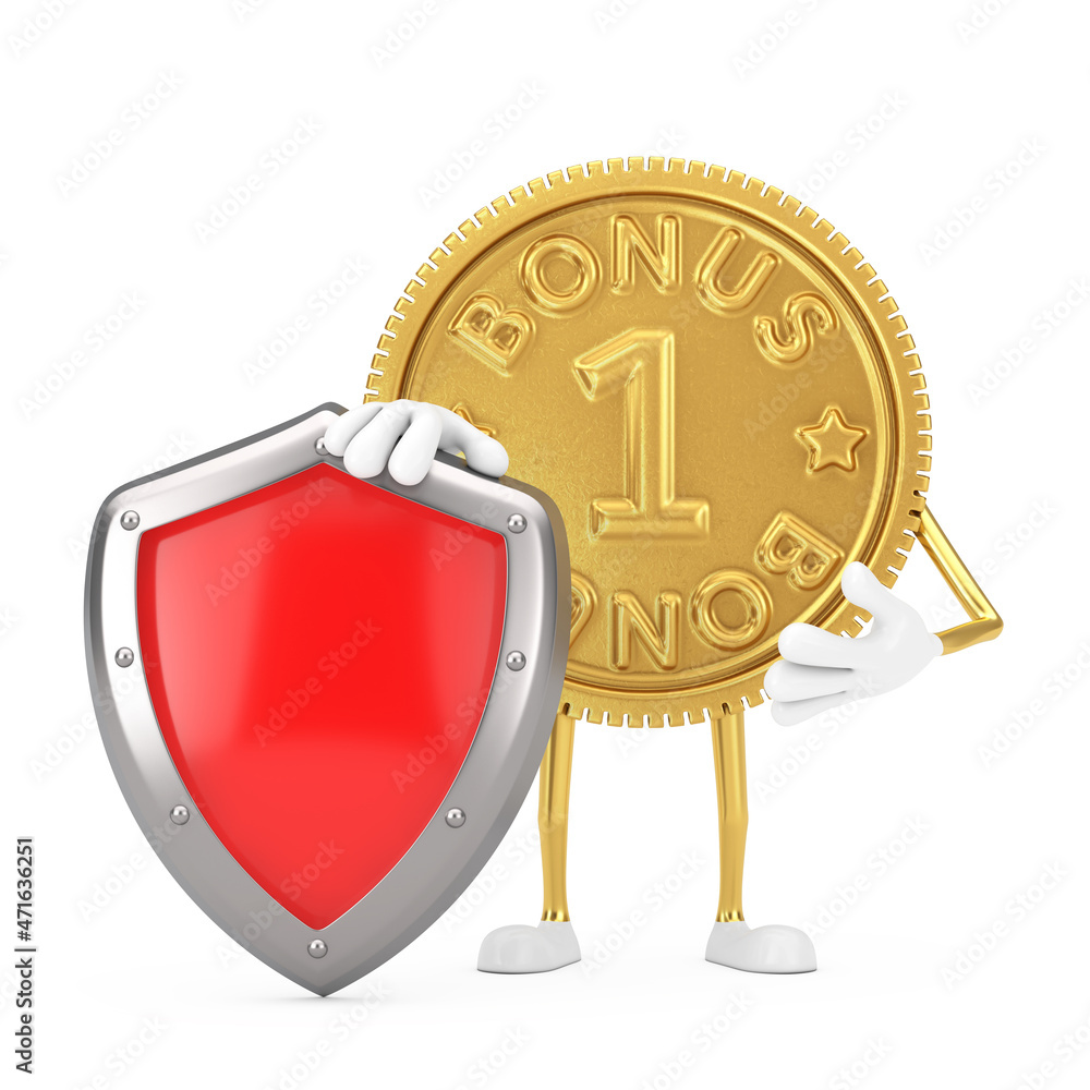 Poster golden loyalty program bonus coin person character mascot with red metal protection shield. 3d rende