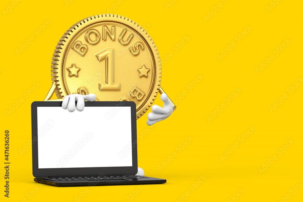 Leinwandbilder golden loyalty program bonus coin person character mascot with modern laptop computer notebook and b