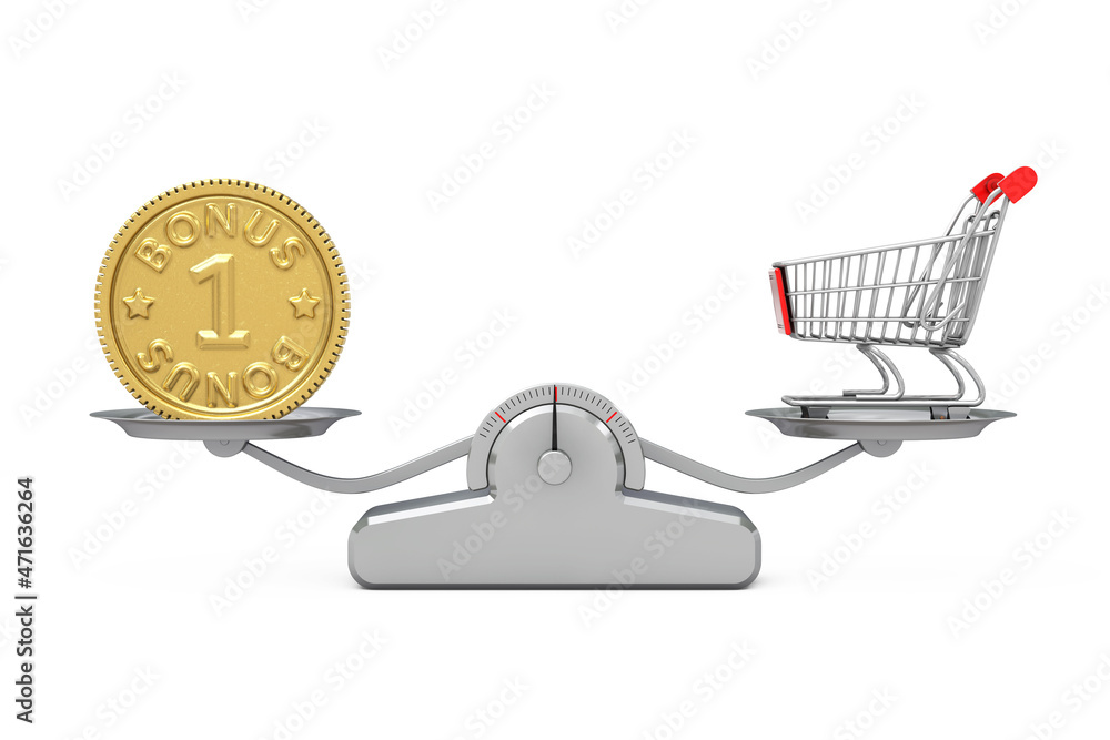 Poster golden loyalty program bonus coin with empty shopping cart balancing on a simple weighting scale. 3d