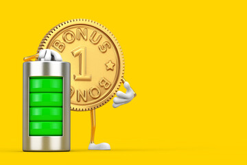 Golden Loyalty Program Bonus Coin Person Character Mascot with Abstract Charging Battery. 3d Rendering