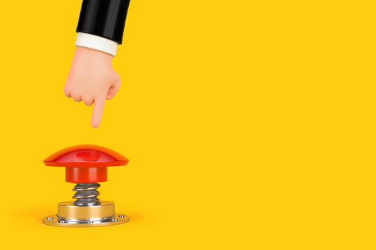 Cartoon Hand Push Red Button. 3d Rendering