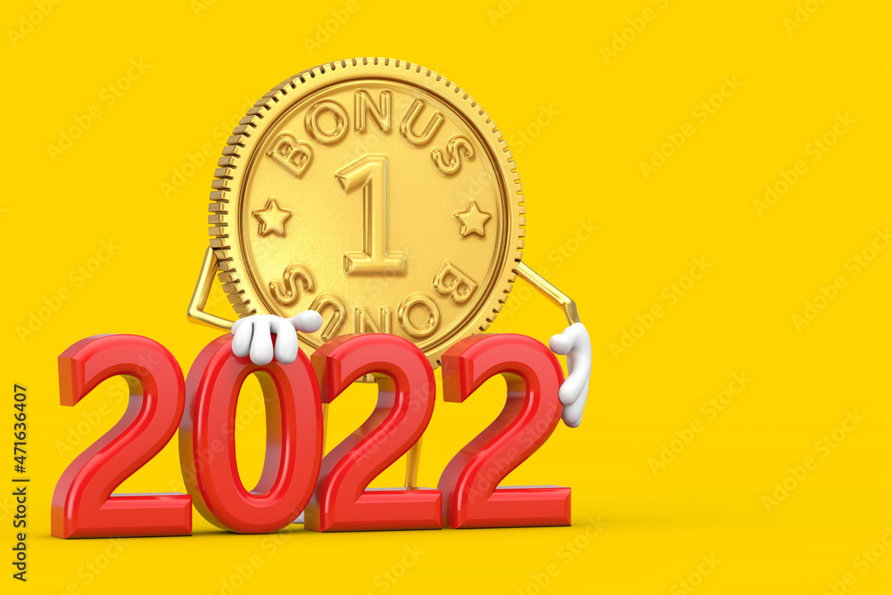 Aufkleber golden loyalty program bonus coin person character mascot with red 2022 new year sign. 3d rendering